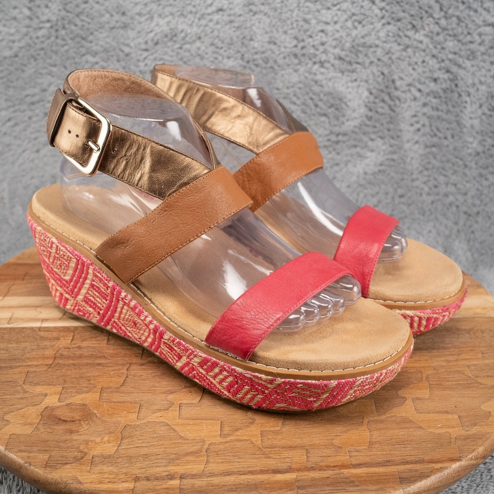 Vionic Cancun Womens Wedge Sandals Brown Red Gold Leather Platform Size 10